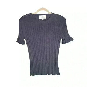 Pearl by LELA ROSE Short Sleeve Pointelle Knit Top Perforated Blue Size M